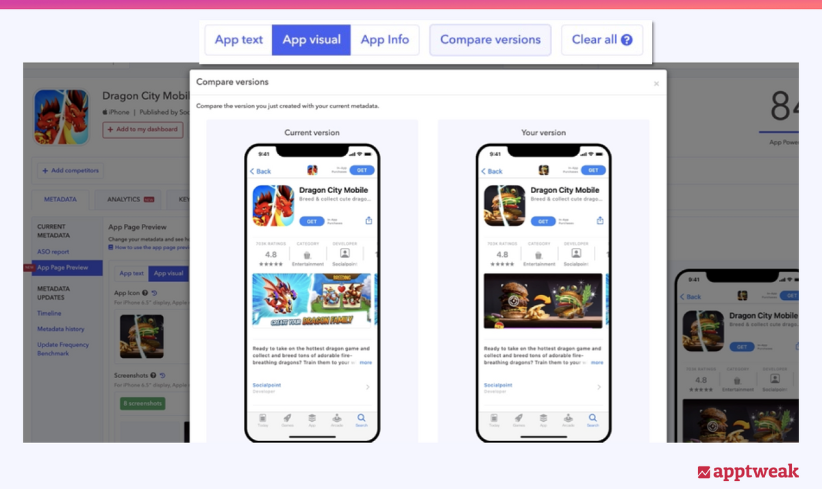 Compare the current version of your app page with its new metadata